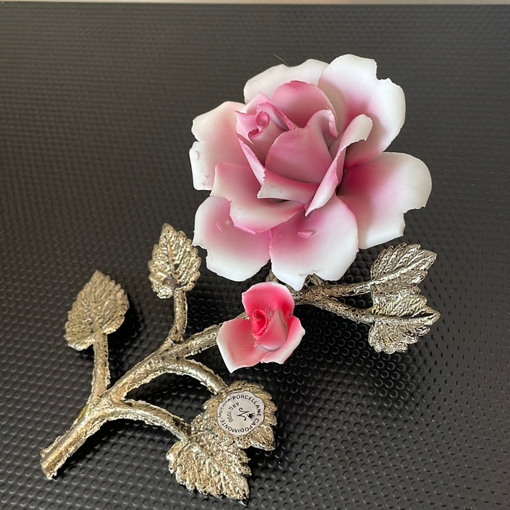 Vintage Capodimonte Roses Metal Stem and Leaves Italy